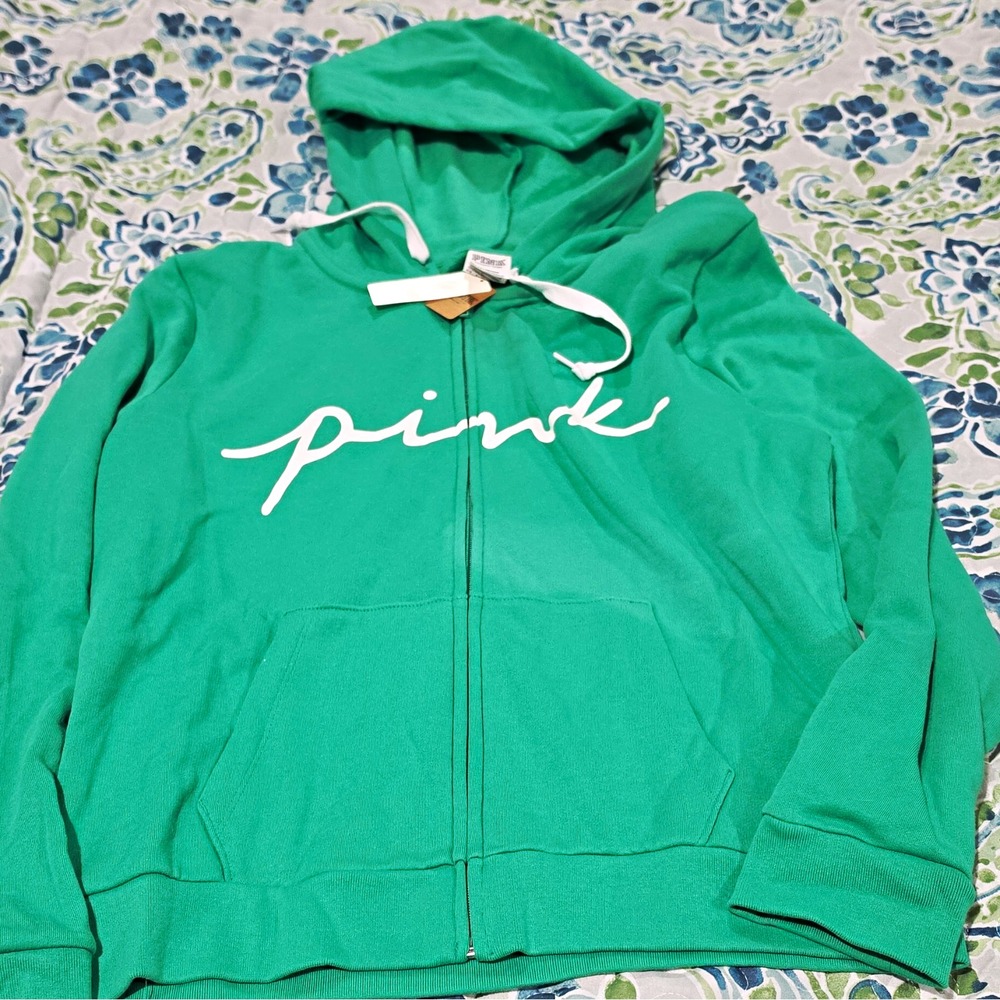 PINK Victoria's Secret Women's Full Zip Fleece Hoodie Logo Pockets Green Large